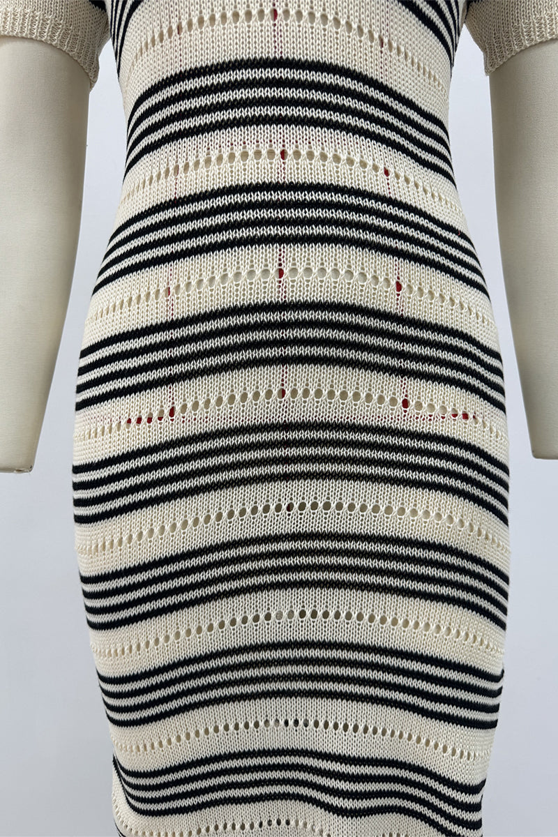 Sexy Stripe Slit Weave Contrast O Neck Short Sleeve Short Sleeve Dress