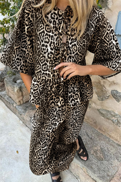 Casual Leopard Lace Up Contrast O Neck Short Sleeve Two Pieces