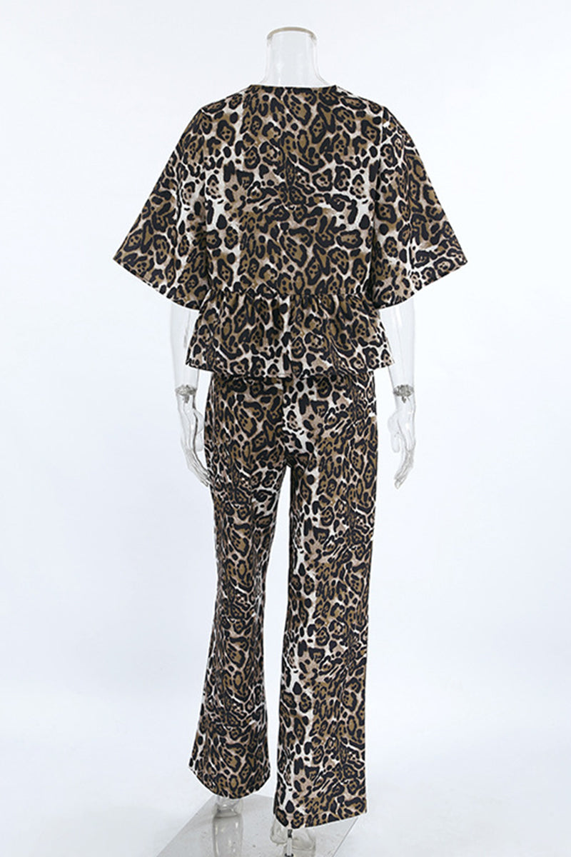 Casual Leopard Lace Up Contrast O Neck Short Sleeve Two Pieces