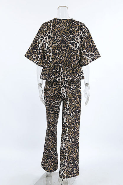 Casual Leopard Lace Up Contrast O Neck Short Sleeve Two Pieces