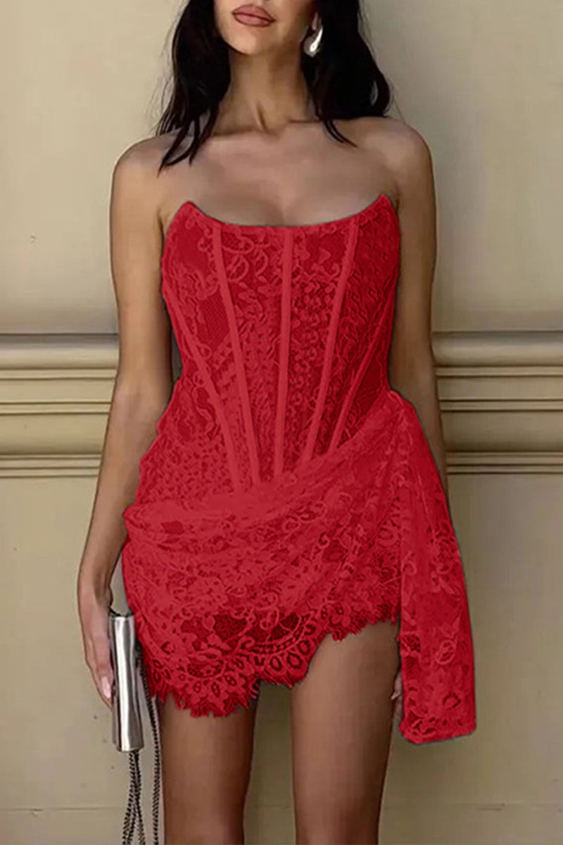 Sexy Solid Color Lace Ruched Irregular U Neck Lace Dress Dresses