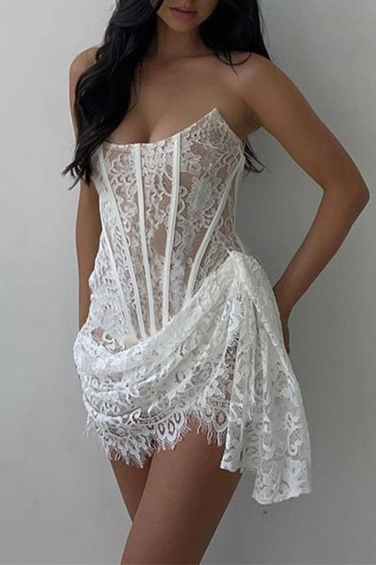Sexy Solid Color Lace Ruched Irregular U Neck Lace Dress Dresses