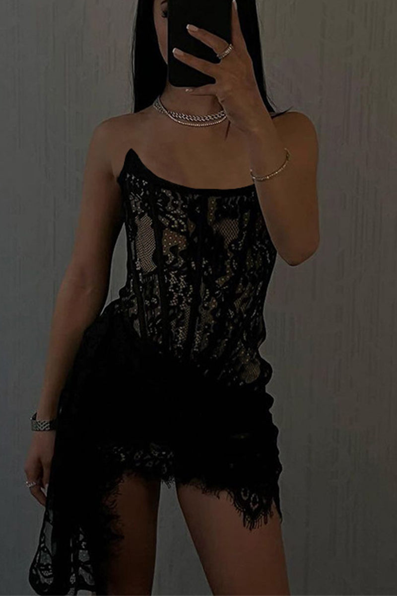 Sexy Solid Color Lace Ruched Irregular U Neck Lace Dress Dresses