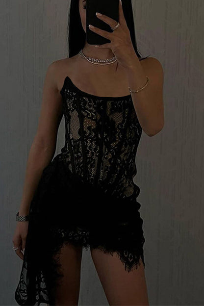 Sexy Solid Color Lace Ruched Irregular U Neck Lace Dress Dresses