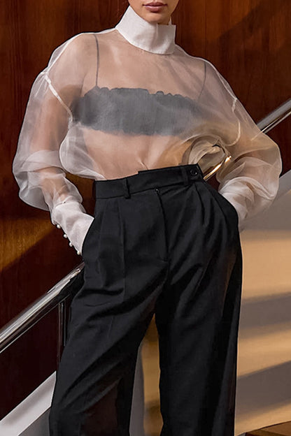 Sexy Solid Color Buttons See-Through Mesh Turtleneck Tops