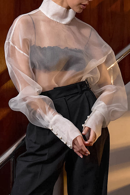 Sexy Solid Color Buttons See-Through Mesh Turtleneck Tops