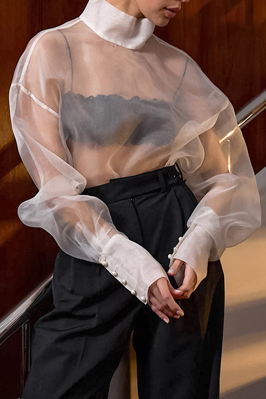 Sexy Solid Color Buttons See-Through Mesh Turtleneck Tops