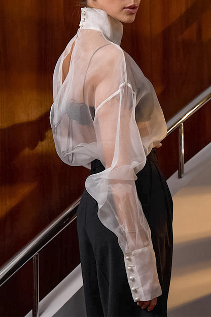 Sexy Solid Color Buttons See-Through Mesh Turtleneck Tops
