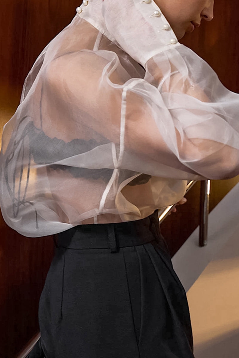 Sexy Solid Color Buttons See-Through Mesh Turtleneck Tops