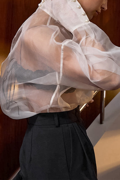 Sexy Solid Color Buttons See-Through Mesh Turtleneck Tops