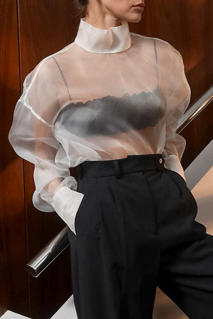Sexy Solid Color Buttons See-Through Mesh Turtleneck Tops