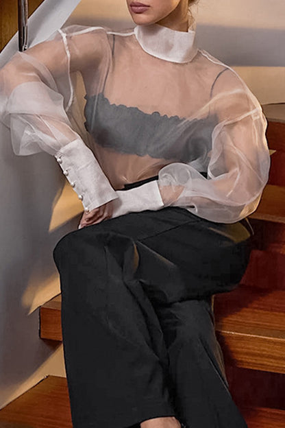 Sexy Solid Color Buttons See-Through Mesh Turtleneck Tops