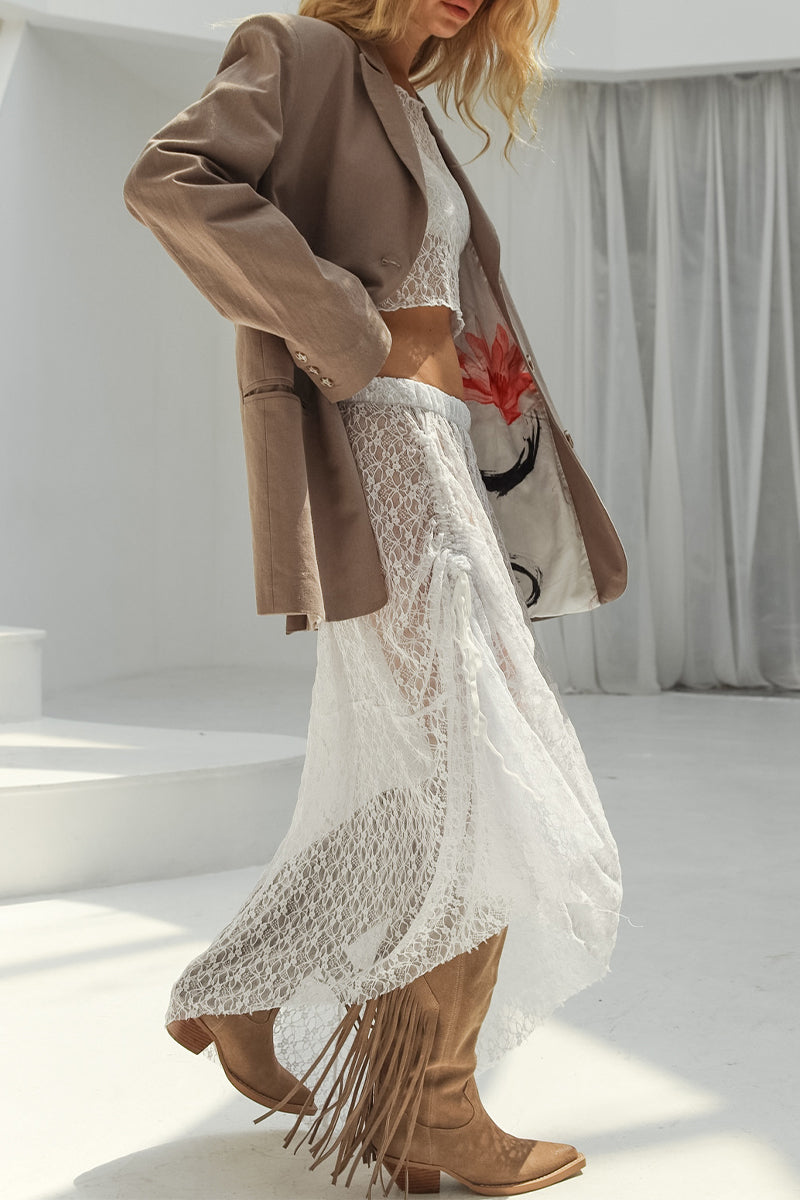 Sexy Solid Color Draw String See-Through O Neck Long Sleeve Two Pieces