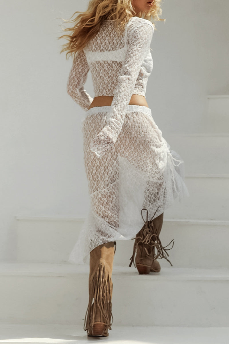 Sexy Solid Color Draw String See-Through O Neck Long Sleeve Two Pieces