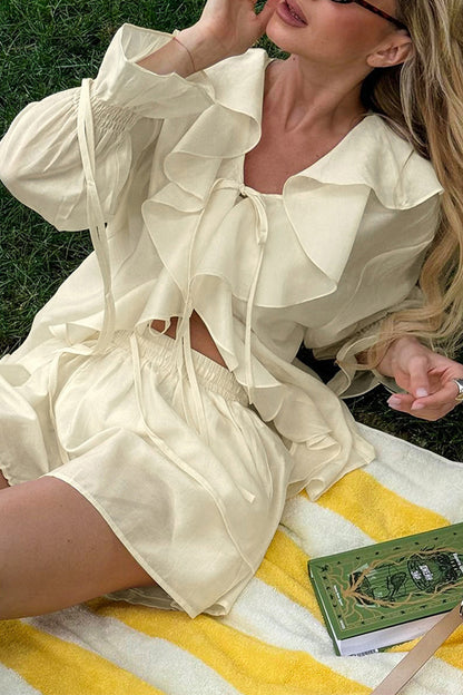 Casual Solid Color Lace Up Flounce V Neck Long Sleeve Two Pieces