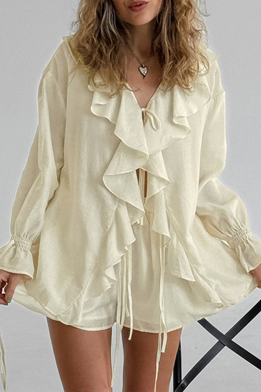 Casual Solid Color Lace Up Flounce V Neck Long Sleeve Two Pieces