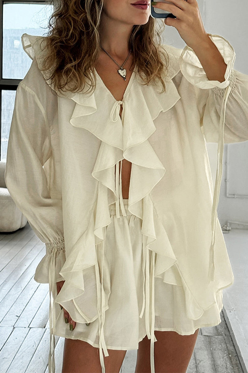 Casual Solid Color Lace Up Flounce V Neck Long Sleeve Two Pieces