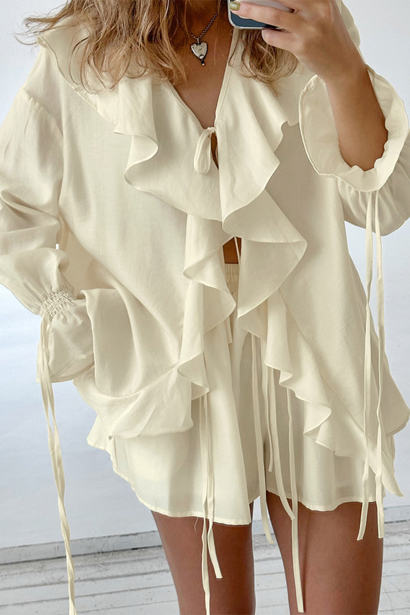 Casual Solid Color Lace Up Flounce V Neck Long Sleeve Two Pieces