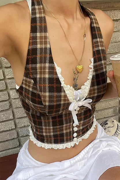 Sexy Plaid Patchwork Backless Halter Tops