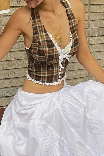 Sexy Plaid Patchwork Backless Halter Tops