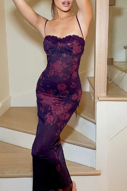 Sexy Flowers Patchwork Backless Strap Design Contrast U Neck One Step Skirt Dresses
