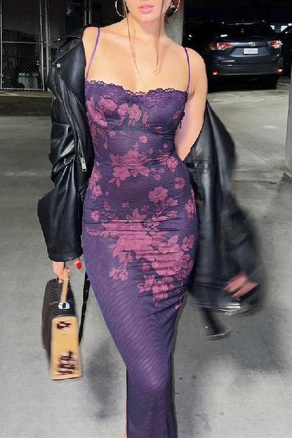 Sexy Flowers Patchwork Backless Strap Design Contrast U Neck One Step Skirt Dresses
