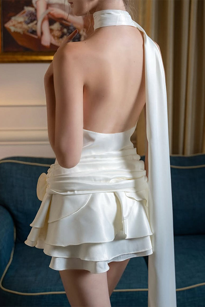 Sexy Backless Flounce Flower Shape Halter A Line Dresses