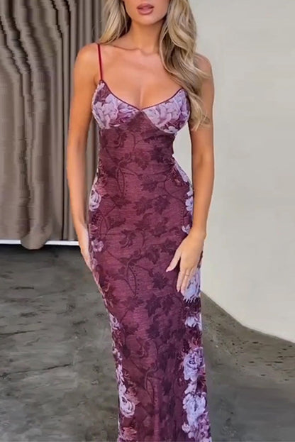 Sexy Flowers Patchwork Contrast V Neck One Step Skirt Dresses
