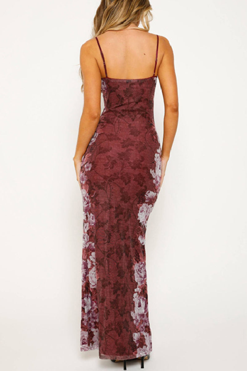 Sexy Flowers Patchwork Contrast V Neck One Step Skirt Dresses