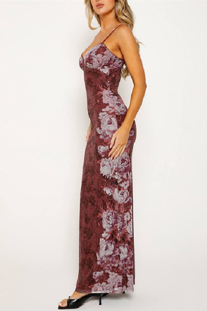 Sexy Flowers Patchwork Contrast V Neck One Step Skirt Dresses