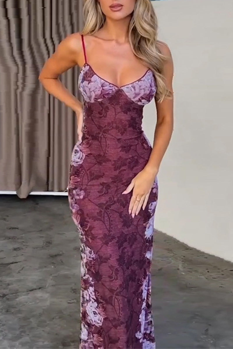 Sexy Flowers Patchwork Contrast V Neck One Step Skirt Dresses