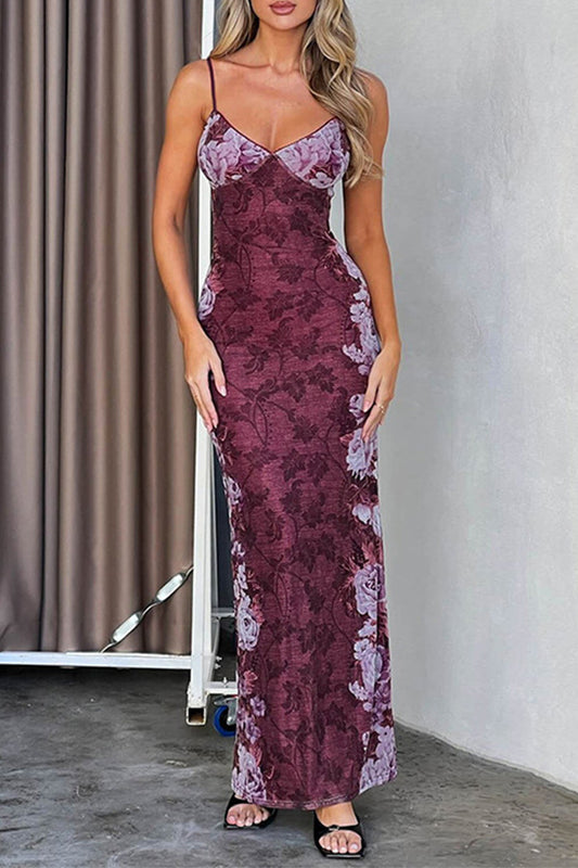 Sexy Flowers Patchwork Contrast V Neck One Step Skirt Dresses