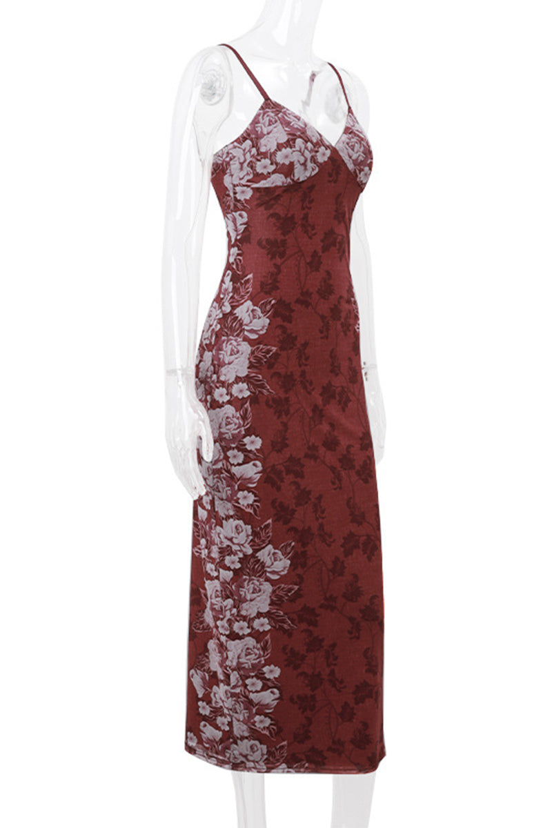 Sexy Flowers Patchwork Contrast V Neck One Step Skirt Dresses