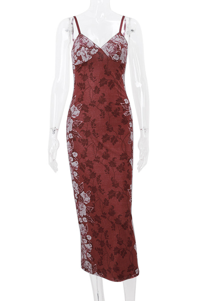 Sexy Flowers Patchwork Contrast V Neck One Step Skirt Dresses