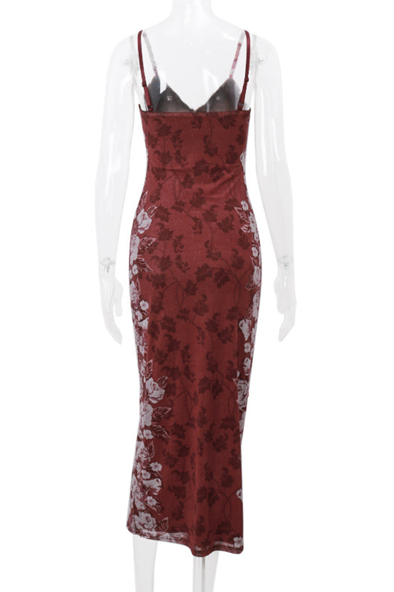 Sexy Flowers Patchwork Contrast V Neck One Step Skirt Dresses