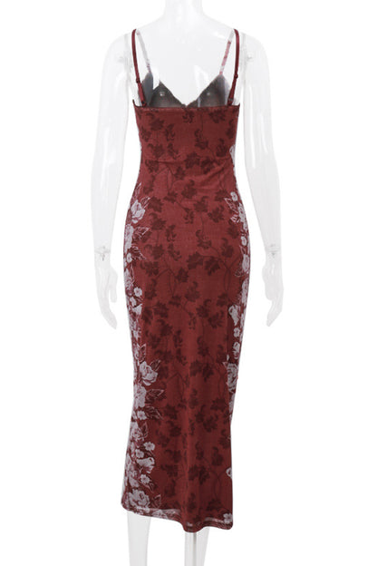Sexy Flowers Patchwork Contrast V Neck One Step Skirt Dresses