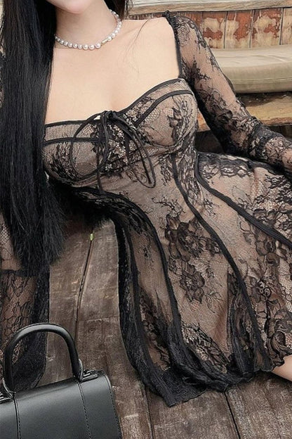 Sexy Lace Lace Up Square Neck A Line Dresses