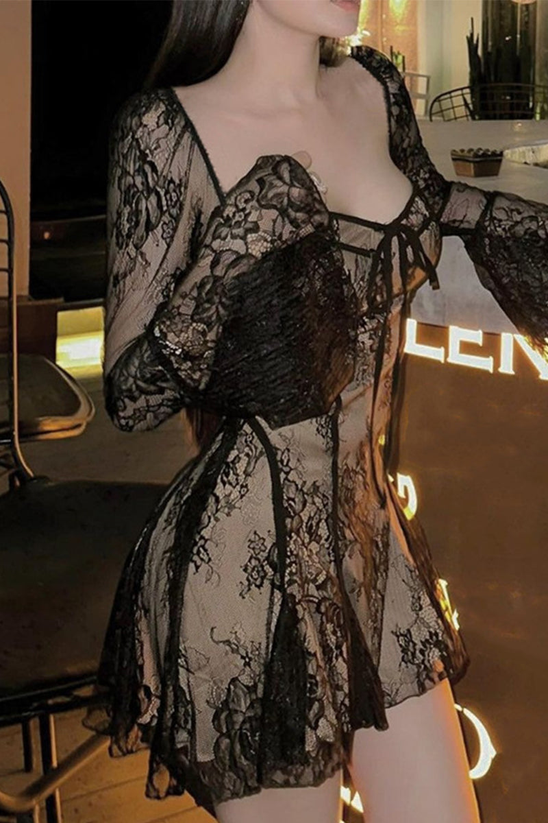 Sexy Lace Lace Up Square Neck A Line Dresses