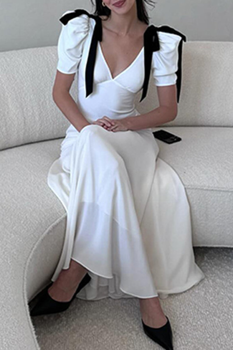 Elegant Solid Color Lace Up Patchwork Contrast V Neck Long Dresses
