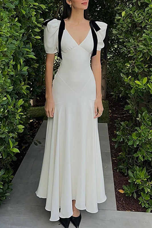 Elegant Solid Color Lace Up Patchwork Contrast V Neck Long Dresses