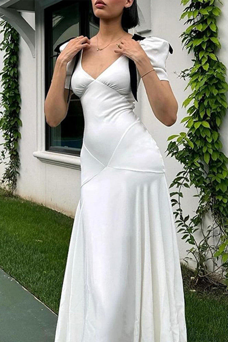 Elegant Solid Color Lace Up Patchwork Contrast V Neck Long Dresses