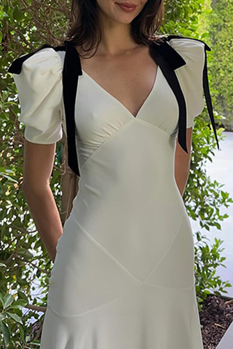Elegant Solid Color Lace Up Patchwork Contrast V Neck Long Dresses