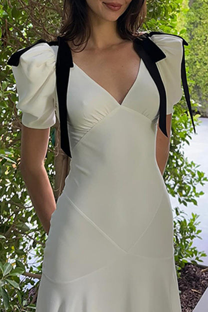 Elegant Solid Color Lace Up Patchwork Contrast V Neck Long Dresses