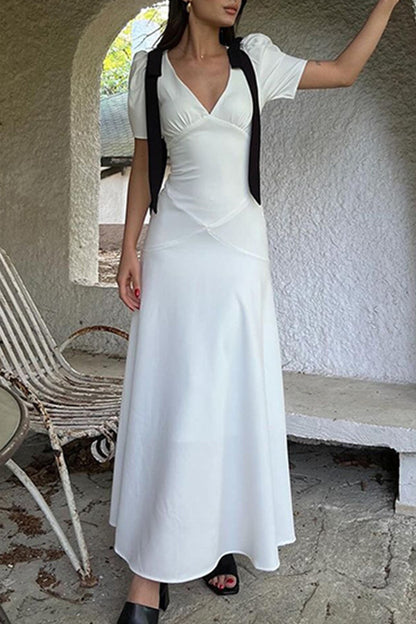 Elegant Solid Color Lace Up Patchwork Contrast V Neck Long Dresses