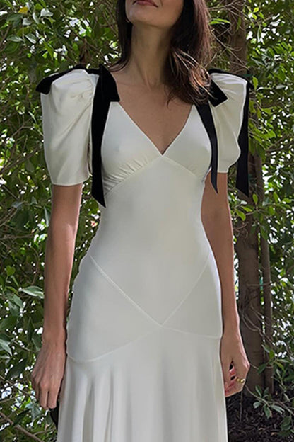 Elegant Solid Color Lace Up Patchwork Contrast V Neck Long Dresses