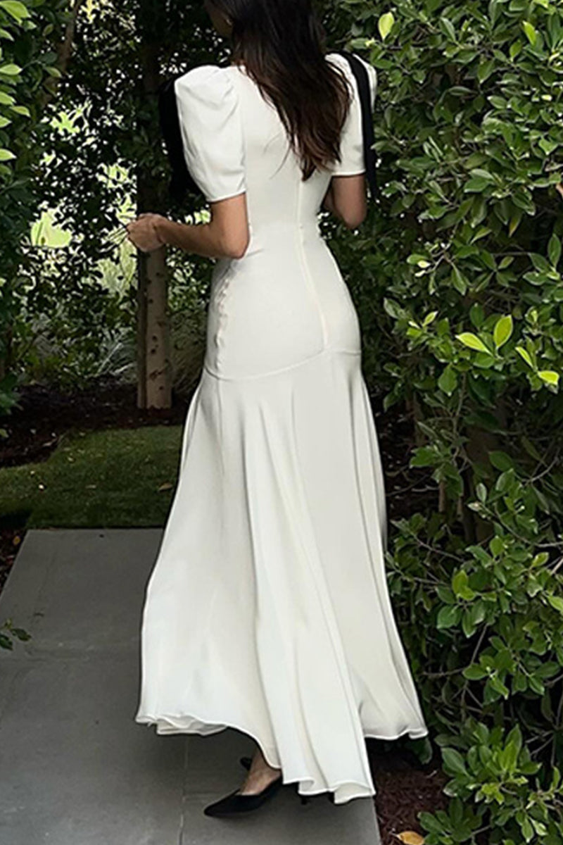 Elegant Solid Color Lace Up Patchwork Contrast V Neck Long Dresses