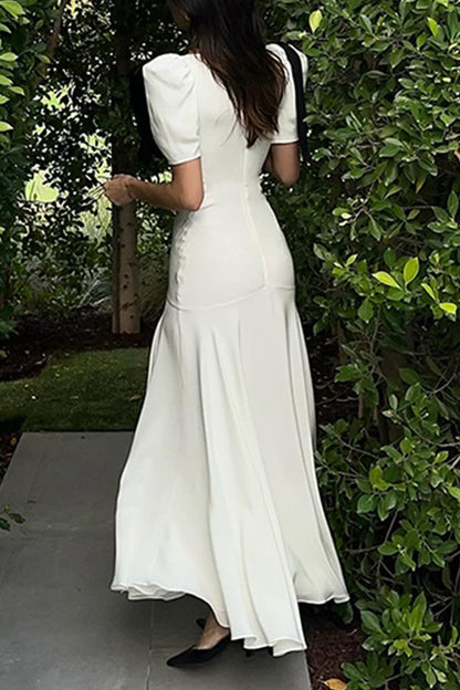 Elegant Solid Color Lace Up Patchwork Contrast V Neck Long Dresses