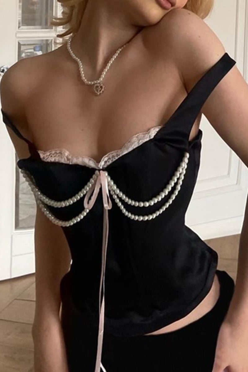 Sexy Solid Color Cross Straps Pearls Decor Square Neck Tops