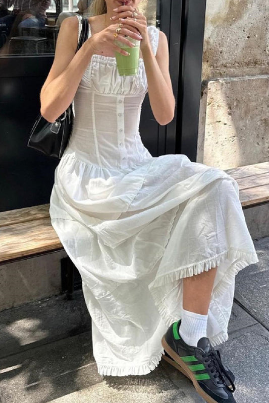 Casual Solid Color Ruched Square Neck Long Dresses