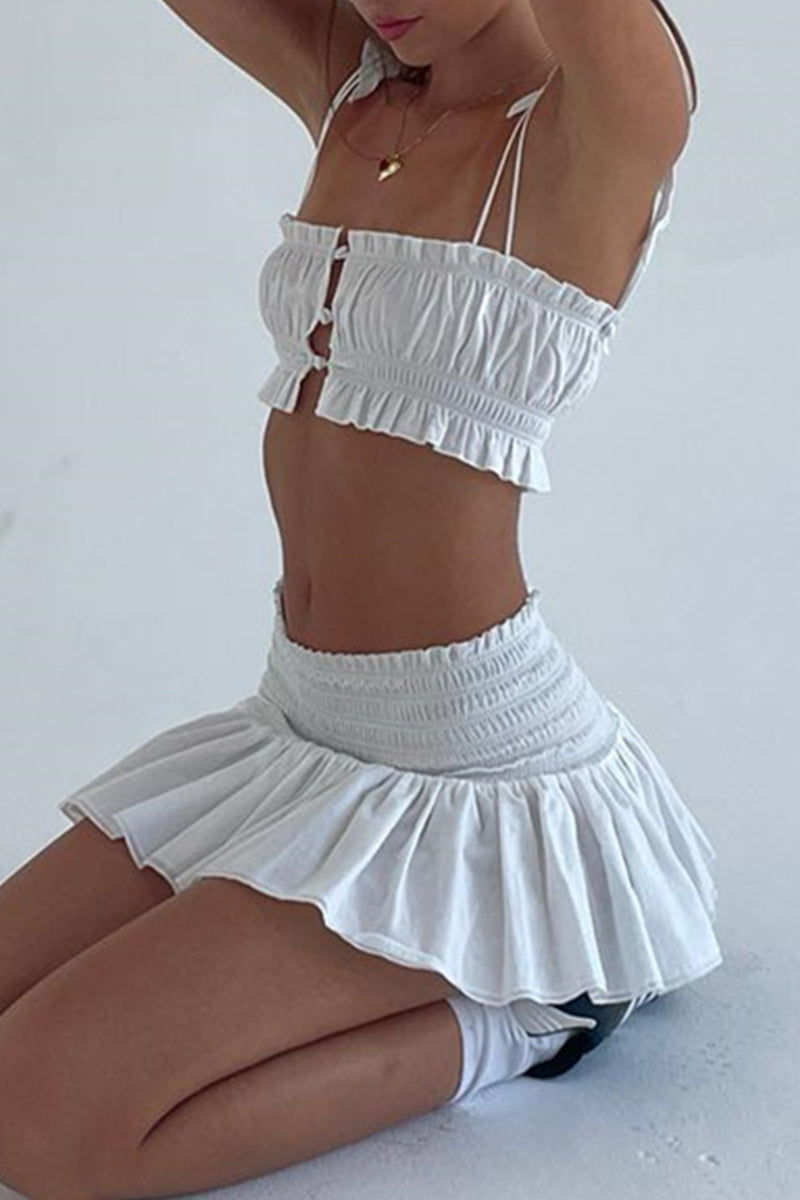 Sexy Solid Color Buttons Square Neck Short Sleeve Two Pieces